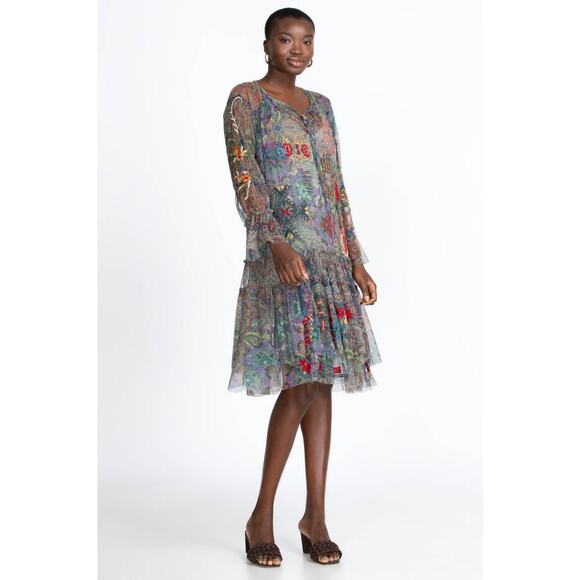 JOHNNY WAS Biya Wilde Mesh Dress Embroidered Boho Size XS Petite Floral Fall - Picture 13 of 15